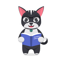 Cute cat reading a book, white background