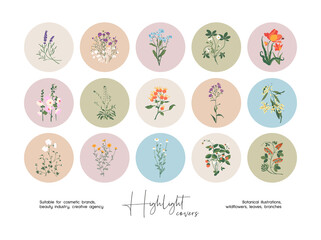 Hand drawn collection of abstract colourful illustrations for social media highlight covers