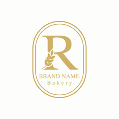 Initial R Letter with Wheat Grain for Bakery, Bread, Cake, Cafe, Pastry, Healthy Food, Cafetarian, Home Industries Business Logo Vector Idea 