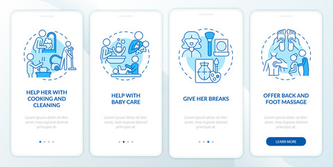 Fototapeta na wymiar Supporting pregnant partner onboarding mobile app page screen. Help with cooking walkthrough 4 steps graphic instructions with concepts. UI, UX, GUI vector template with linear color illustrations