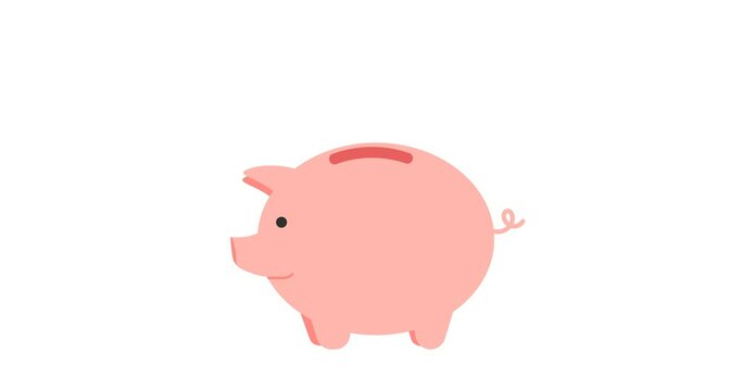 Cartoon piggy bank get bigger with golden coins. Money saving concept. Loop motion graphic animation. HD resolution.