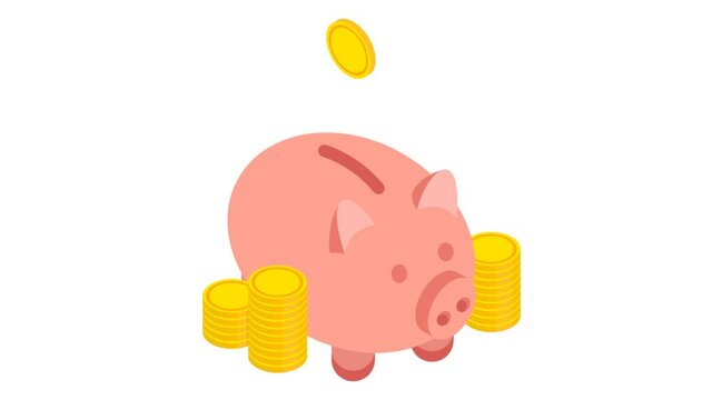 Isometric piggy bank get bigger with golden coins. Money saving concept. Loop motion graphic animation. HD resolution.