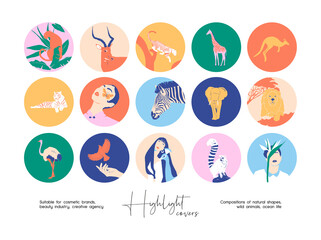 Hand drawn collection of abstract colourful illustrations for social media highlight covers