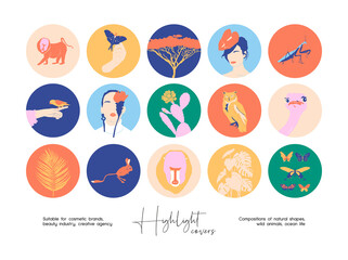 Hand drawn collection of abstract colourful illustrations for social media highlight covers