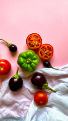 Top view of fresh vegetables, Tomato, capsicum, brinjal