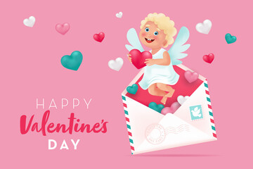 Valentines Day banner template with cute cupid, hearts and envelope. Vector illustration in cartoon 3d style