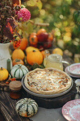 Fototapeta na wymiar Culinary pastries, open pie with vegetables or fruits with pumpkins