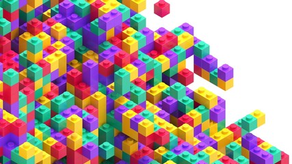 Fototapeta premium Colorful toy bricks abstract background. Many irregular chaotic small toy blocks isolated on white background. 3d rendering