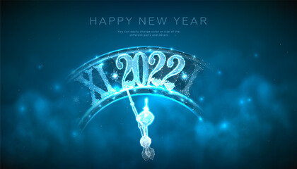 2022 happy new year congratulatory banner in abstract futuristic style with a clock