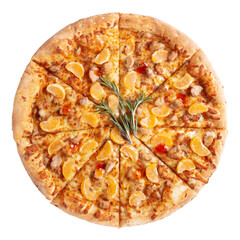Creative pizza with chicken and tangerin decorated with rosemary