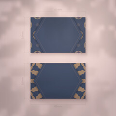 Business card template in blue with a vintage brown pattern for your contacts.
