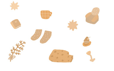 Cozy illustration,. Cute, simple pictures. Winter elements. Socks, cup, star, chair, spruce branch, plaid, book