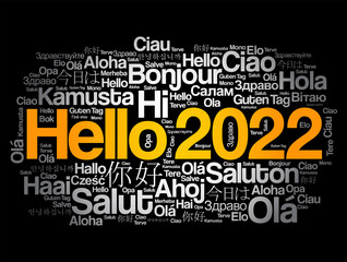 Hello 2022 word cloud in different languages of the world, concept background