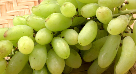 Natural organic different types of fresh ripe juicy grapes and space for text on table. top view, Agriculture concepts.