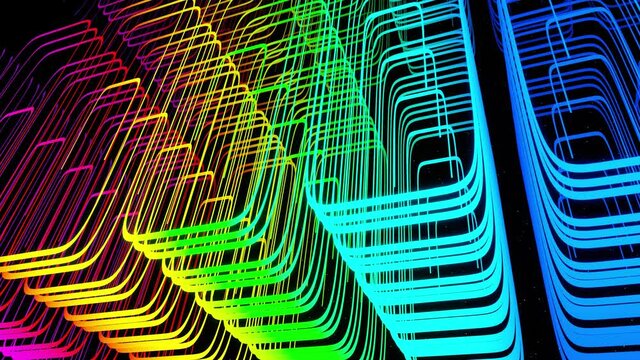 Vj abstract sci fi futuristic bg. Fly over 3d multilayer hologram complex pattern. Neon light rainbow color gradient. Isometric view. Simple shapes periodic pattern. Like on conveyor belt. Rectangles
