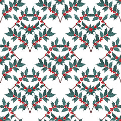 Seamless pattern with winter plants, holly berry, rowan branches. Festive American traditional ornate for New Year, Christmas. Hand drawn vector illustration for wrapping paper, textile printing