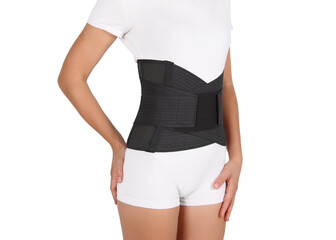 Orthopedic lumbar corset on the human body. Back brace, waist support belt for back. Posture...