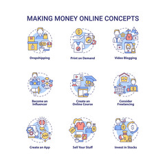 Making money online concept icons set. Digital entrepreneurship idea thin line color illustrations. Video blogging. Create online course. Freelancing. Vector isolated outline drawings. Editable stroke