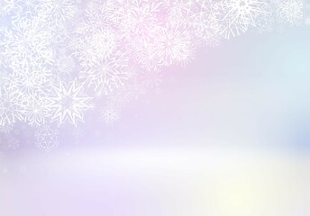 Christmas background or frame with small snowflakes layered around in blurred lights.