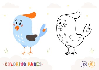 Cartoon blue bird colored and colorless contour