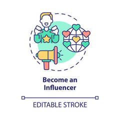 Become influencer concept icon. Way to make money online abstract idea thin line illustration. Social media influence. Creating online content. Vector isolated outline color drawing. Editable stroke