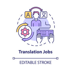 Translation jobs concept icon. Making money online approach abstract idea thin line illustration. Translating foreign language to native. Vector isolated outline color drawing. Editable stroke