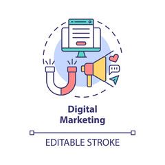 Digital marketing concept icon. Online entrepreneur skill abstract idea thin line illustration. Reach potential customers through social media. Vector isolated outline color drawing. Editable stroke