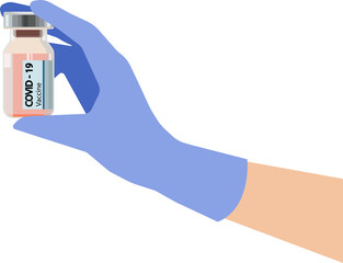 A doctor hand in blue gloves holds a medical glass bottle for injection. Development and creation of a vaccine against coronavirus.
