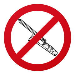 No Trombone Symbol Isolated on White Background. Musical Vector Illustration Prohibition Stop Sign.