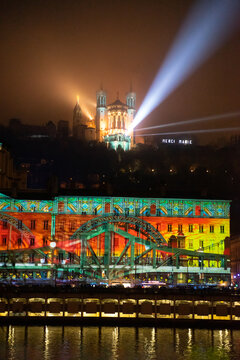 In Lyon, France, on December 6, 2018, The Festival of Lights in the city. View of the Fourvière hill