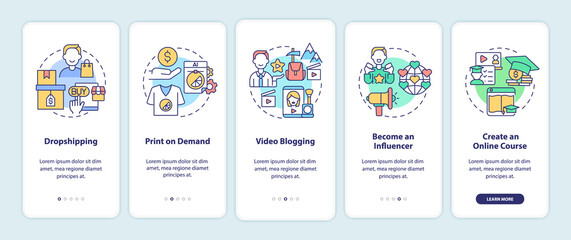 Ways to make money online onboarding mobile app page screen. Print on demand walkthrough 5 steps graphic instructions with concepts. UI, UX, GUI vector template with linear color illustrations