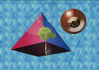 3D space illustration pyramid  tree orange orb blue space surrealistic 