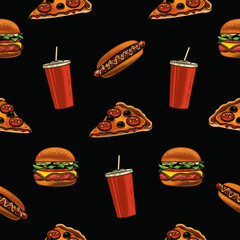 Original vector seamless pattern in vintage style. Vector set of fast food in vintage style on a black background. Burger, pizza, hot dog, glass of soda
