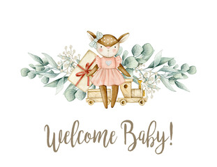 Watercolor illustration card welcome baby with eucalyptus branches, fawn, toy train, gift box. Isolated on white background. Hand drawn clipart. Perfect for card, postcard, tags, invitation, printing,
