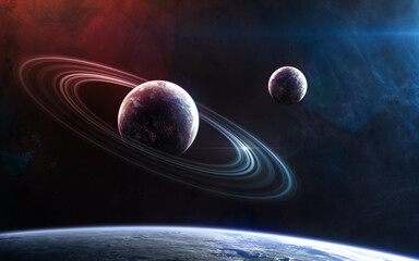 Planets in light of red and blue star. Deep space. Science fiction. Elements of this image furnished by NASA