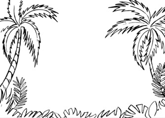 Black outline of palm trees and tropical plants on a white background