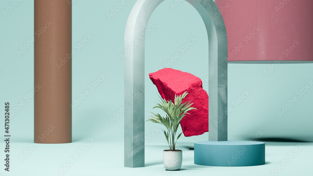 Poster mint arc, pink stone and palm tree round podium display on the teal background. natural showcase. mi