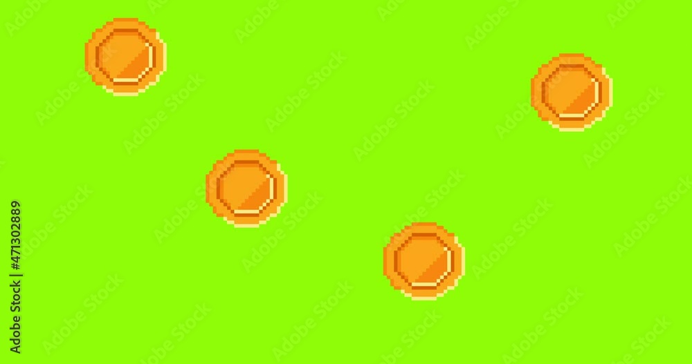 Poster rain from the golden coins on chromakey background. animation of falling pixel coin. retro 8 bit gam