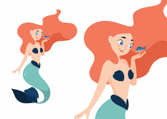 Cute illustration of a mermaid with a fish. Cute fairy tale character in cartoon style. Vector illustration. 