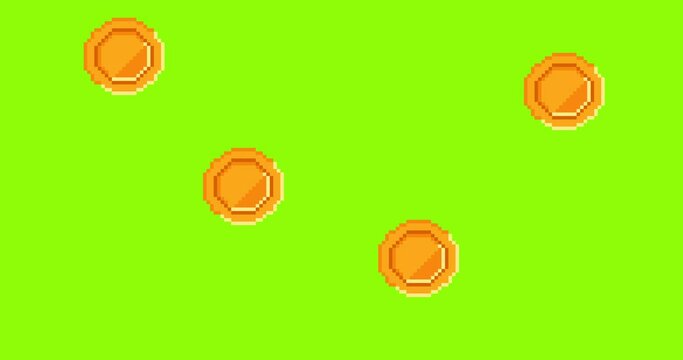 Rain from the golden coins on chromakey background. Animation of falling pixel coin. Retro 8 bit game style. 4k resolution.