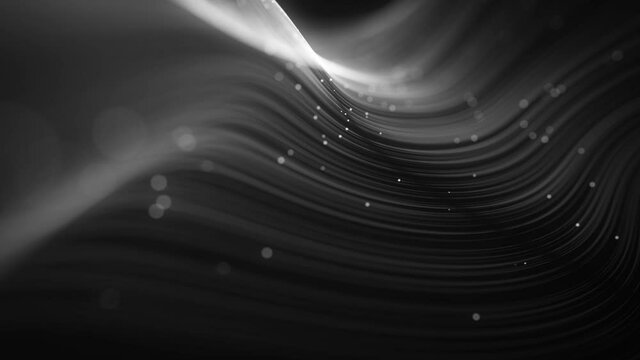Abstract Flowing Digital Data Lines Network And Communication Loop/ 4k animation of an abstract technology wallpaper background of flowing particle lines and nodes for communication with depth of fiel