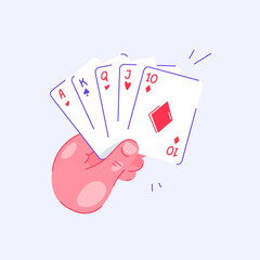 Hand holding playing cards in poker. Ace-high Straight. Pastime with friends. Family table leisure games. Sports and recreation. Isolated background.