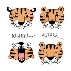 Tiger faces with different emotions. Set of vector clipart in line art style - 471303256