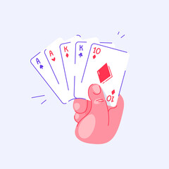 Hand holding playing cards in poker. Two pair. Pastime with friends. Family table leisure games. Sports and recreation. Isolated background.
