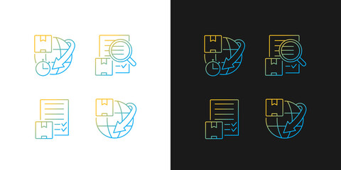 International delivery service gradient icons set for dark and light mode. Expedited parcels. Thin line contour symbols bundle. Isolated vector outline illustrations collection on black and white