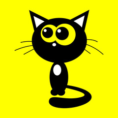 Cute black cat cartoon isolated icon on yellow background. Vector illustration.