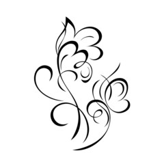 ornament 2074. two decorative abstract flowers on stems with curls in black lines on a white background