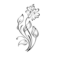 ornament 2075. one decorative blossoming flower on a curved stalk with leaves in black lines on a white background