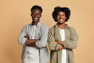Two Cheerful Black Male Friends Posing With Folded Arms Over Beige Background