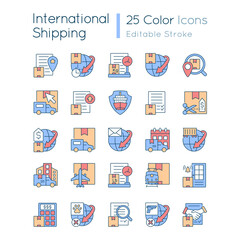 International shipping business RGB color icons set. Worldwide delivering of cargoes, parcels and mail. Isolated vector illustrations. Simple filled line drawings collection. Editable stroke